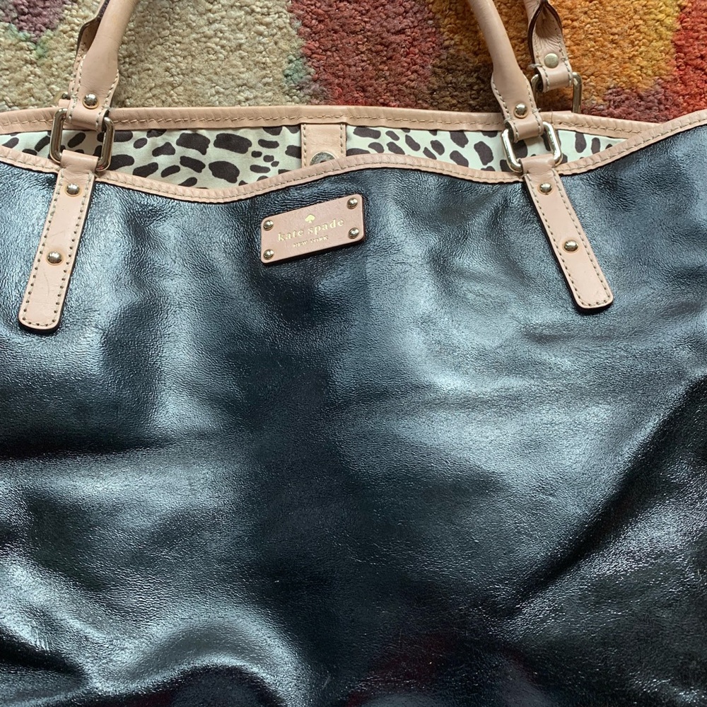 Kate Spade Black Tote with Tan Handles and Red Bow - Picture 4 of 5